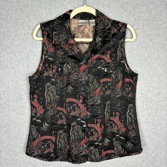 Chicos Vest Womens Medium 1 Black Silk Japanese Tapestry Art Nature Scene Asian